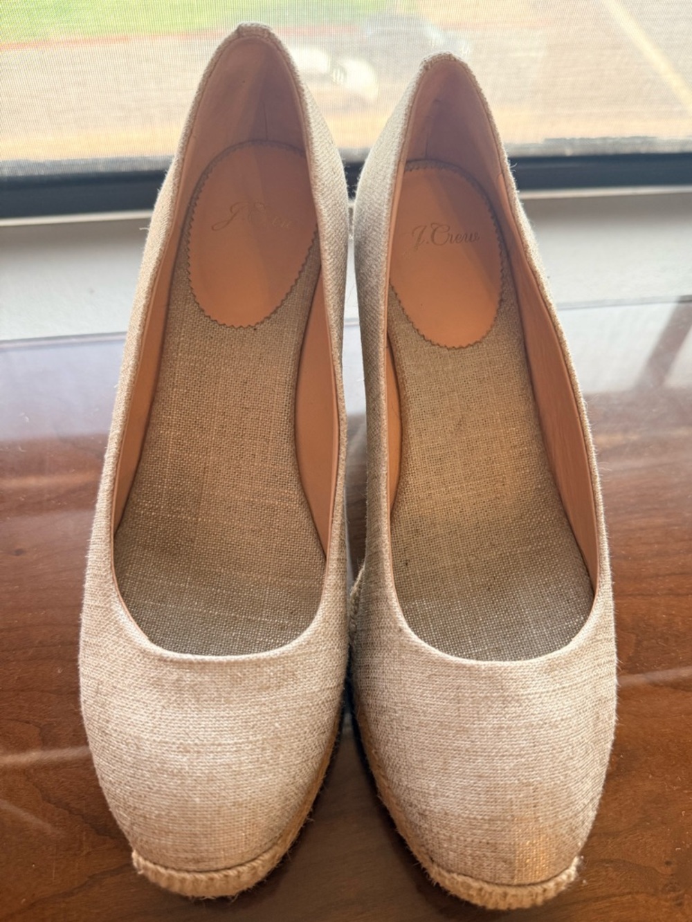 J. Crew Women's Beige with Gold Shimmer Canvas Espadrille Wedges // Sz 8